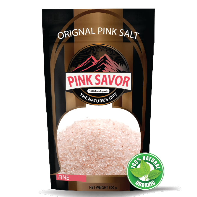 Pink Fine Salt 800g pack, mineral-rich, natural seasoning for cooking and baking, 100% organic, perfect for enhancing flavors.