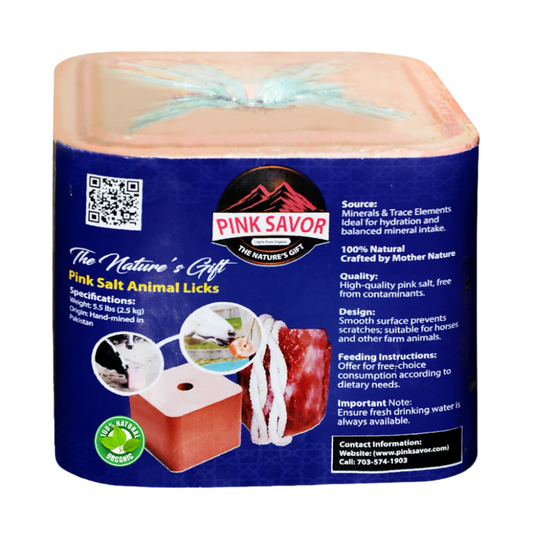 Compressed pink salt block for livestock, providing essential minerals and promoting hydration and digestion.